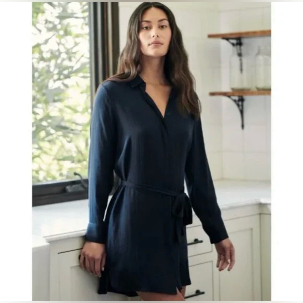 Quince Navy Long Sleeve Belted Shirt Dress